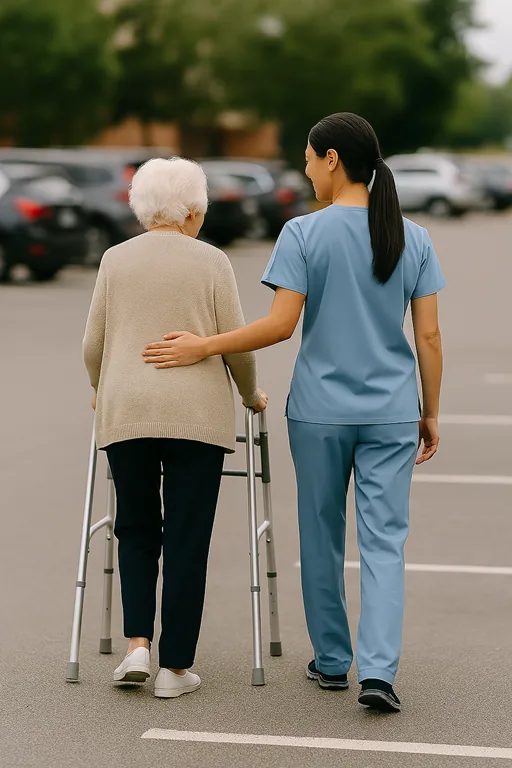 A caregiver walking beside an older adult using a walker